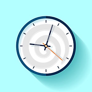 Clock icon in flat style, round timer on blue background. Simple watch. Vector design element for you business projects