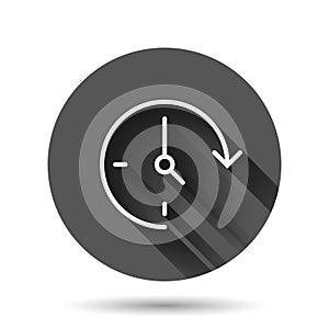 Clock icon in flat style. Watch vector illustration on black round background with long shadow effect. Timer circle button