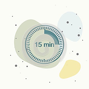Clock icon indicating the time interval of 15 minutes. Fifteen minutes time on the clock on multicolored background