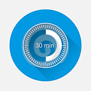 Clock icon indicating time interval of 30 minute on blue backgr