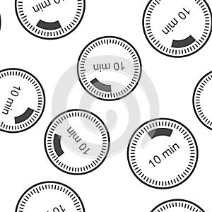 A clock icon indicating the time span of 10 minutes. The time span is ten minutes on the clock seamless pattern on a white