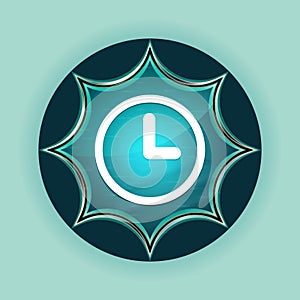 Clock icon magical glassy sunburst blue button sky blue background
