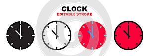Clock icon set with different styles. Editable stroke style can be used for web, mobile, ui and more
