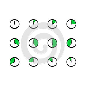 Clock icon set. Vector icon. Watch symbol. Time sign. Twelve round clock with different indications