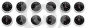 Clock icon set. Watch, time icon vector. Realistic wall clock set. Time icon set. Vector illustration. Stock image.