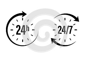 24 7 clock icon vector. day hour open customer support service. call center time assistance 247. online help. round week year sign