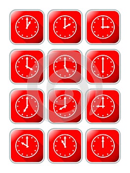 Clock icons with different time on red background with metallic frame