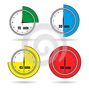 Clock icons stopwatch time from 15 minutes to 60 minutes vector photo