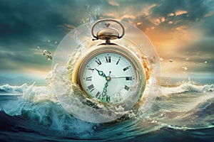 A clock immersed in a flood, illustrating the profound concept of sea-level rise and the ever-dwindling timeframe to confront the