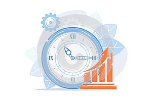 Clock and increasing chart. Workflow productivity increase, work performance optimization,