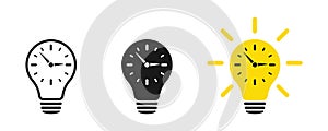 Clock inside a light bulb. Time concept. Icon set. Illustration.