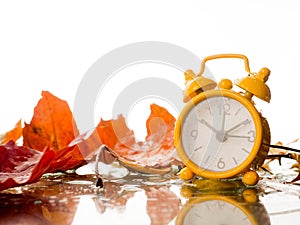 clock with leaves time change, Alarm clock in colorful autumn leaves