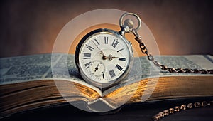 The clock lies on an old book. Clock as a symbol of time, the book is a symbol of knowledge and science. Concept of time, history