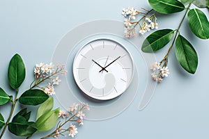 Clock on light background among green leaves and flowers. Wall clock, morning time. Minimalistic background, concept of time, time