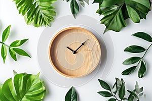 Clock on light background among green leaves. Wall clock, morning time. Minimalistic background, concept of time, time to work,