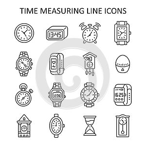 Clock line icon set. Time measuring symbol vector collection with clock, wrist watch, hourglass, Cuckoo-clock, smart watch,