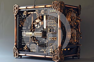 A clock made entirely of metal and wood, featuring intricate craftsmanship and precise timekeeping, A steampunk styled NAS system