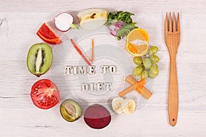 Clock made of fruits and vegetables containing minerals, time to diet concept