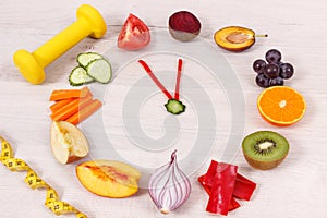 Clock made of fruits and vegetables showing time of 23 hours 55 minutes, dumbbell and centimeter, new year resolutions concept