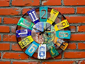 A clock made from old license plates