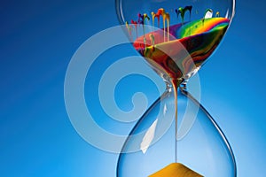 A clock made of sand with multi-colored paint instead of sand. Space for text.