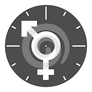 Clock, male and female symbols, arrows, love solid icon, dating concept, timepiece vector sign on white background