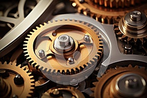 Clock mechanism with gears and cogs. Closeup macro shot. Generative Ai