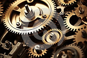Clock mechanism with gears and cogs. Closeup macro shot. Generative Ai