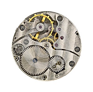 Clock mechanism with gears isolated on white background