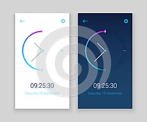 Clock mobile app concept UI design day and night. Clock user interface time vector widget design modern technology