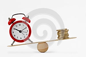 Clock and money on scales - Importance of time, time and money concept photo