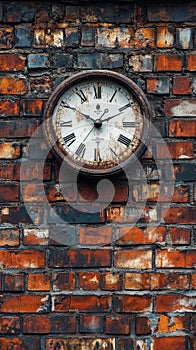 Clock mounted on a rustic brick wall showing the passage of time during daylight hours