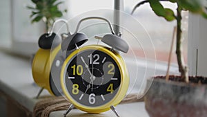 Clock Movement in Fast Motion. Modern Retcro Clock with a Bell.Time lapse hours