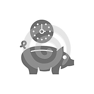 Clock with piggy bank, investment, debt, save time grey icon.