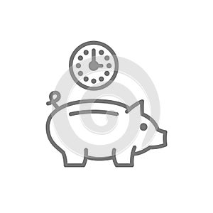 Clock with piggy bank, investment, debt, save time line icon.