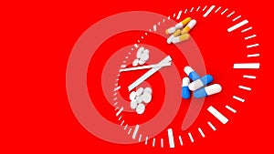 Clock pills. Pill tablet clock. Pill time. Medication Schedule. Red background.