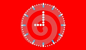 Clock pills. Pill tablet clock. Pill time. Medication Schedule. Red background.