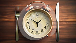 Clock placed on a plate flanked by a fork and a knife , symbolizing the importance of timing in eating habits