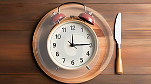 Clock placed on a plate flanked by a fork and a knife , symbolizing the importance of timing in eating habits