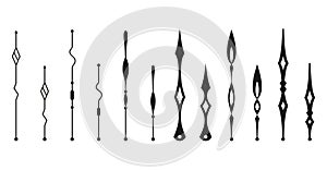 Clock pointer arrows. Black silhouette chronometer elements. Clock arms set. Watch hands, isolated time pointers. Vector