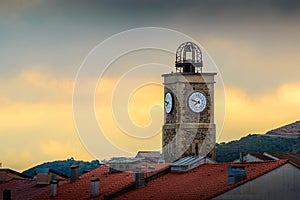 Clock of Port-Vendres city at sunrise in France