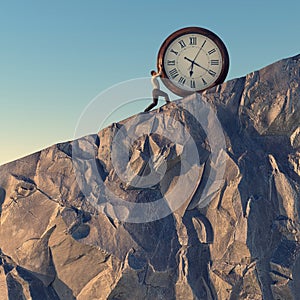 Clock push. Man pushes a clock on a rocky cliff
