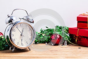 Clock with red gift box and free space for ideas, Happy New Year 2019 concept background