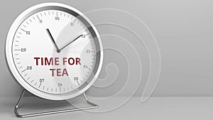 Clock with revealing TIME FOR TEA caption. Conceptual 3D rendering