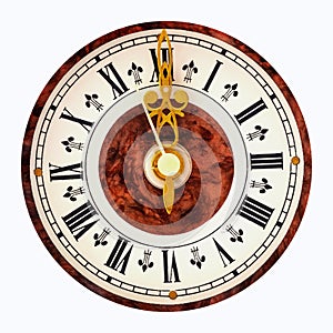 Clock with Roman numerals on isolated background shows 12 00 hours 0 minutes