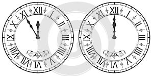 Clock with Roman numerals. New Year midnight 12