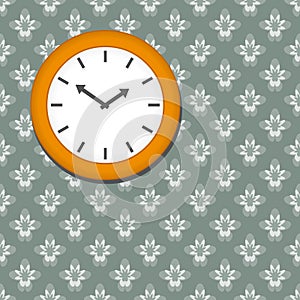 Clock on seamless floral wallpaper background
