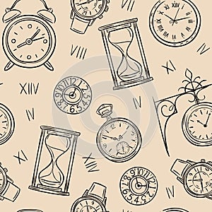 Clock seamless pattern. Sketch time, sketch hourglass and mechanic watch, timepiece vector vintage texture