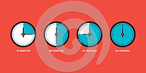 Clock. Set of time in one hour flat design vector illustration