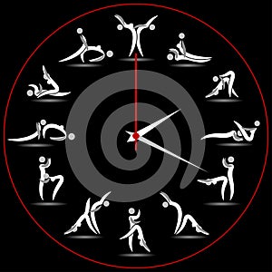 Clock Sex Positionon on black background. Kama Sutra Sex Poses. Yoga time to sex. Vector illustration photo